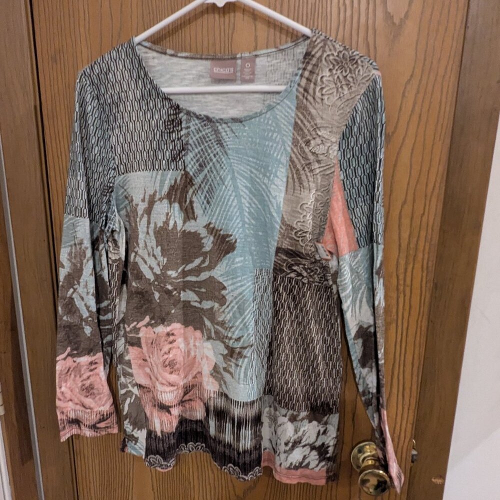Chico's Long‎ Sleeve Crewneck Layering Tee Geometric Floral Rose-0